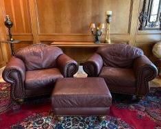 Pair of Italian Leather Club Chairs w/ Ottoman
Made by Chateau D'Ax spa, Milan Italy