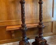 Pair of Heavily Carved Solid Wood Marble Top Stands Resting on 4 Paw Feet