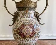 Porcelain Vase with Brass Double Arms and Rim with Brass Base
