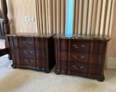 Pair of Bernhardt Mahogany Marble Top Serpentine Front 3 Drawer Night Stands w/ Brass Hardware
