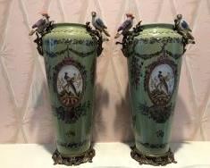 Pair of Double Brass Handled Porcelain Vases with Porcelain Birds on Perched on the shoulders with Brass Bases 18" H