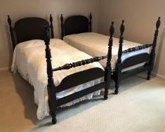 Pair of Antique / Vintage Twins Beds w/ High End Maine Heritage Weaver 100% Cotton Bed Spreads