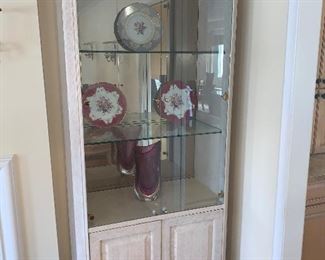 Henredon china cabinets with glass shelving and mirrored back (pair) (82.5” tall, 34” wide, 18” deep) - $500/each or best offer.