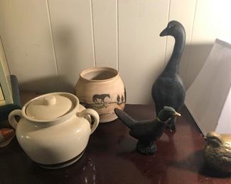 2 ducks, 2 jugs and a finch