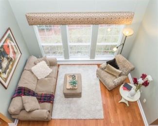 Overview of living room! Alan white easy chair 34 inches high by 34 1/2 inches wide by 28 inches deep. Suede style mint condition sofa measures 87 inches long by 37 inches wide. Ottoman measures 31 x 23. White rug measures 87“ x 62“.
Call 908-896-5943 to purchase or with questions!