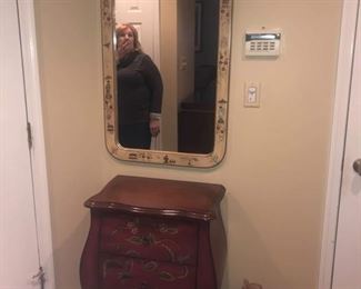 Oriental design painted mirror measures 24 1/2 wide by 46 inches in length. Asking $65. Painted chest Measuring 23 inches wide by 31 inches high by 15 inches deep. Asking $125.00. Call 908-896-5943 to purchase or with questions 