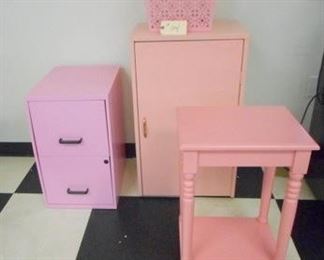 Lot 104 Group of Pink Furniture File Cab Table Cabinet Basket