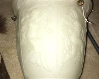 Antique hanging light fixture, embossed nudes