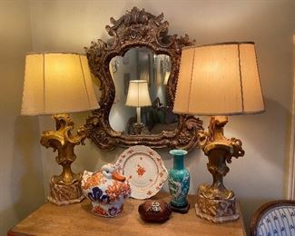 Grouping of: Pair of Antique Italian gilt wood lamps, Chinese Armorial style porcelain duck tureen & cover, Herend serving platter, Chinese vase, Chinese wood box with brass accents, antique Italian mirror. 