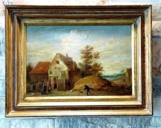 David II Teniers the Younger (Flemish, 1610-1690) "Village Scene", Oil on Canvas, 9.5" x 14"