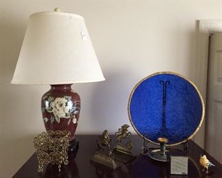 Decorator Lamp/Blue Glass Platter/Lion Brass Bookends