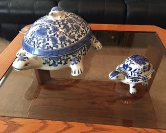 BOMBAY Blue and White  Asian Inspired Porcelain Large Turtle Bowl Centerpiece & Smaller Turtle Bowl