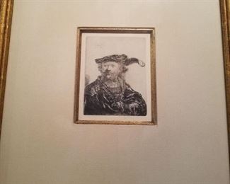 Rembrandt 1606-1669 - Self Portrait with a Velvet Cap with Plume. 5"1/4" x 4" 1638 Signed and Dated in plate upper left. Only state with full margins . Twentieth century impression from the American Edition of 299. Edition number 116/299