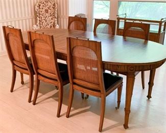 Vintage Dining Table with 6 Rattan-Back Dining Chairs