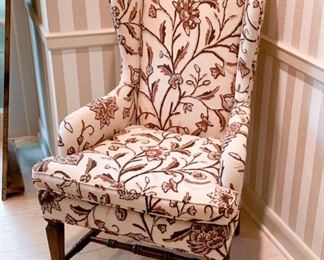 Pair of Brown & White Floral Embroidered Wingback Chairs