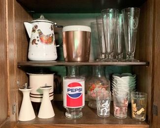 Vintage Percolator, Copper Canister, Bar Glasses, Juice Glasses, Salt & Pepper Shakers, Etc.