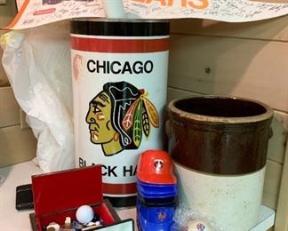 Chicago Sports Items, Mini Plastic Baseball Hats, Stoneware Crock