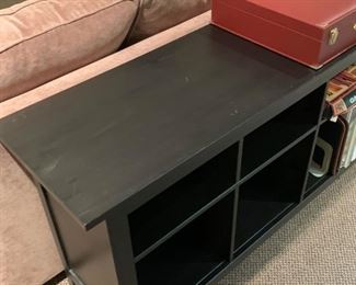 Lot #238 - $60 - Ebony Console Table with Shelves / Cubbies