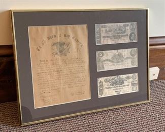 Confederate Currency / Money with Discharge Certificate, Framed