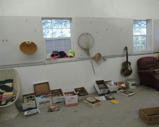 Miscellaneous items, magazines, fishing net, fabric chair, wicker chair, Ask for price