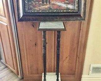 Lovely Marble & Wood Plant Stand/Table & Framed Art https://ctbids.com/#!/description/share/352574