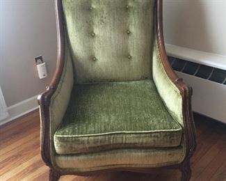 Item #71: Vintage, tufted, light green velour chair. In excellent condition. Price $80