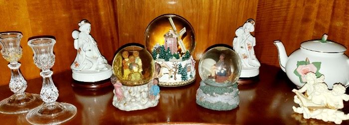 Crystal Candleholder Set; Snow Globes; Tea Kettle; Musical Japanese Figurines