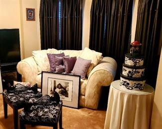 White Love Seat; Leather Drapery; Stools; Side Table; Hoem Decor