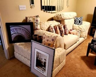 White Couch; Large Ottoman; Wall Art; Hanging Mirror