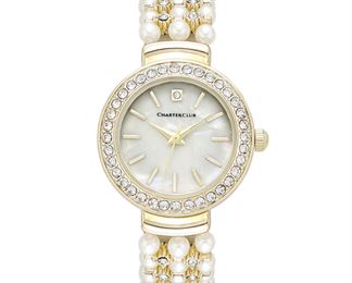 Charter Club Women'S Crystal Gold-Tone Pearl Watch