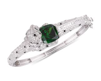 Tiara Emerald-Look Glass Stone & Cz Sterling Bracelet