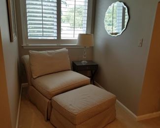 down filled, overstuffed chair with ottoman