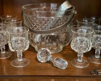 Antique pressed glass ice bucket and glasses