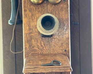 Antique oak wall telephone