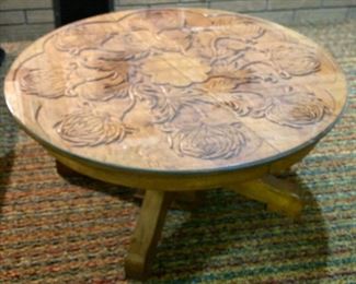 Unique round carved oak coffee table