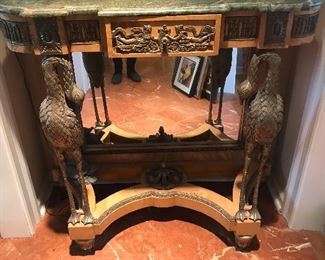 Marble Top Foyer table with baying swans on each side, mirrored