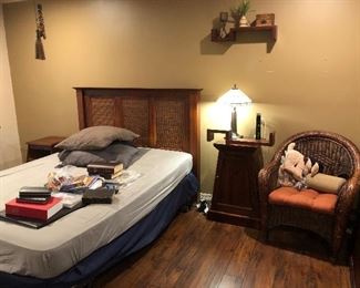 Queen bed - mattress and box spring - night stand and woven side chair - there are multiple pieces in this set.