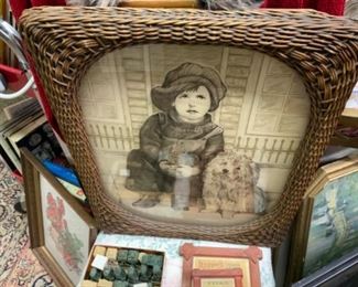 PAIR of reverse painted signed , pictures, 3D effect, old wicker frames, PAIR - 145.00