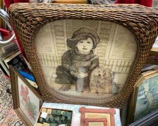 PAIR of reverse  painted signed , pictures, 3D effect, old wicker frames, PAIR - 145.00