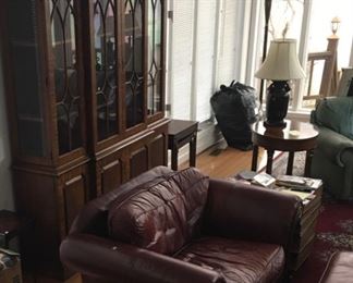 Bernhardt  RED Leather oversize chair and ottoman. Curio Cabinet, small table RUG etc