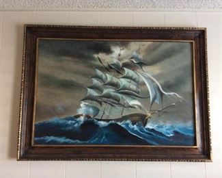 MVF010 Original Framed Painting Of Ship In Stormy Sea