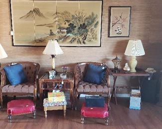 Mid century chairs, end table, stools, lamls, Asian screen