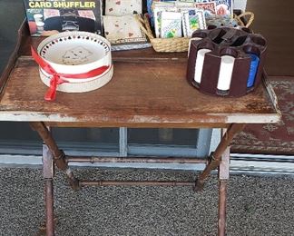 Folding table (needs TLC), cards, poker chips