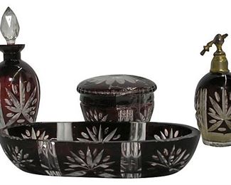 1940s Bohemian Ruby etched cut glass vanity set.