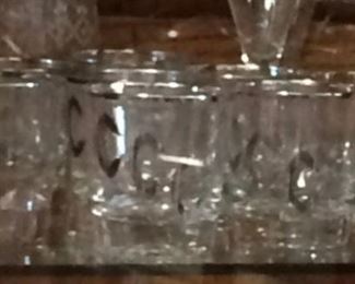 1940s monogram wiskey and shot glasses, 15 pieces