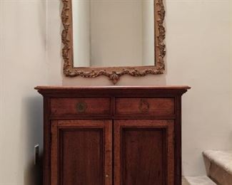Antique English oak/elmwood two-drawer cabinet with double doors, with antique wood wall mirror. 
