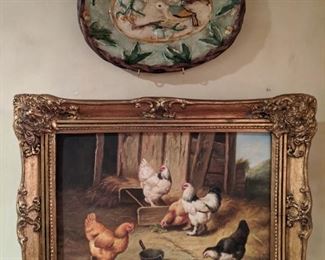 Cute, artist signed original oil on canvas, with pastoral chicken scene; repro majolica-style platter. 