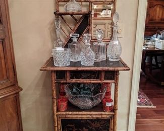 Vintage, hand-painted bamboo server, w/mirror, collection of crystal decanters, vintage Culver red paisley rocks glasses and pressed glass punchbowl.