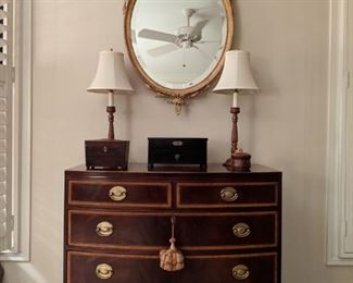 Gorgeous 5-drawer banded mahogany chest, by Kittinger (Richmond Hill Collection) pair of wooden candlestick table lamps, LaBarge wall beveled glass wall mirror and antique English mahogany box.