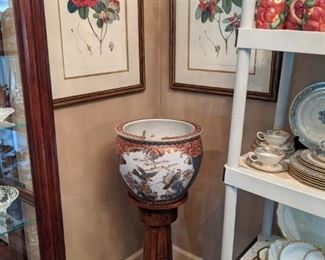 Vintage mahogany pedestal, with Asian porcelain fishbowl, above nicely framed/matted English botanicals - rhododendrons. 